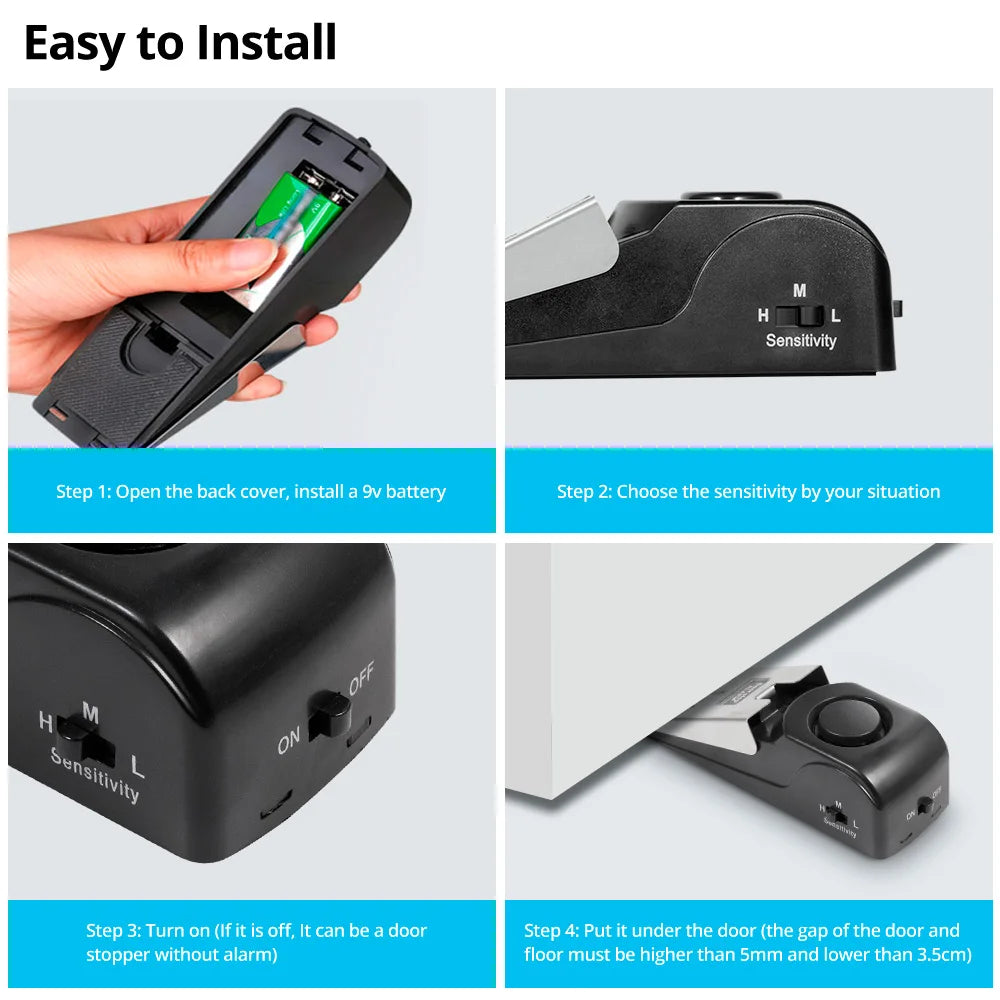 120dB Loudly Door Stop Alarm for Home Hotel Door Stopper Security Alarm 3 Levels Sensitivity Door Wedge Alarm